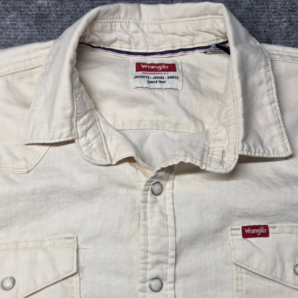 Wrangler Mens Western Snap Shirt Off White Cream Cotton Long Sleeve Large - Picture 4 of 15